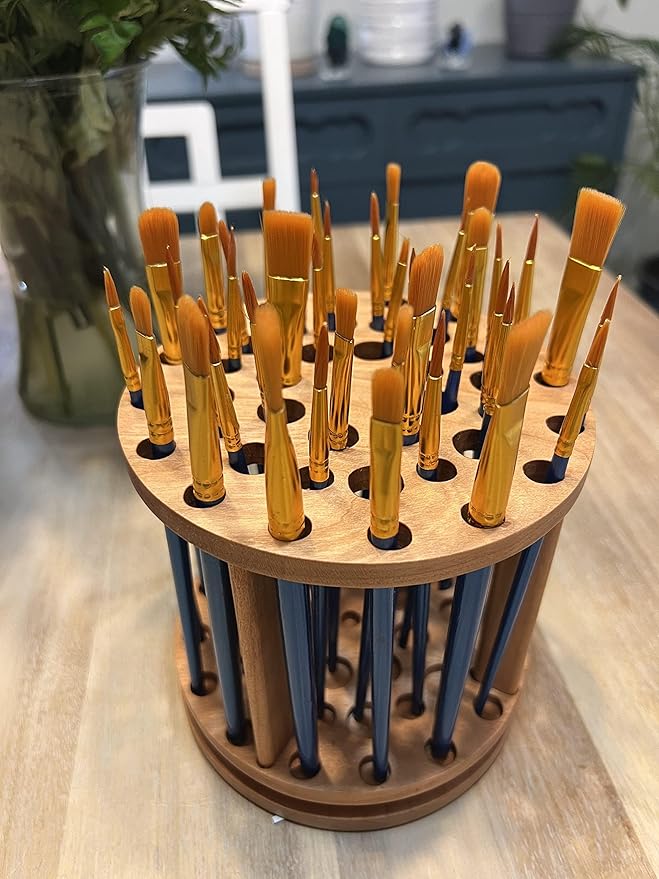 Rotating Paint Brush Holder - Handmade Paint Brush Holder Rotating Art Supply Organizer – Large Capacity Cherry Hardwood Brush Organizer for Desk, Arts and Crafts