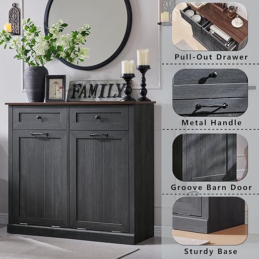 Double Tilt Out Trash Cabinet, 20 Gallon Farmhouse Laundry Hamper Cabinet with 2 Drawers, Hidden Wooden Trash Can Cabinets with Storage Basket for Kitchen, Living Room (Dark Grey)