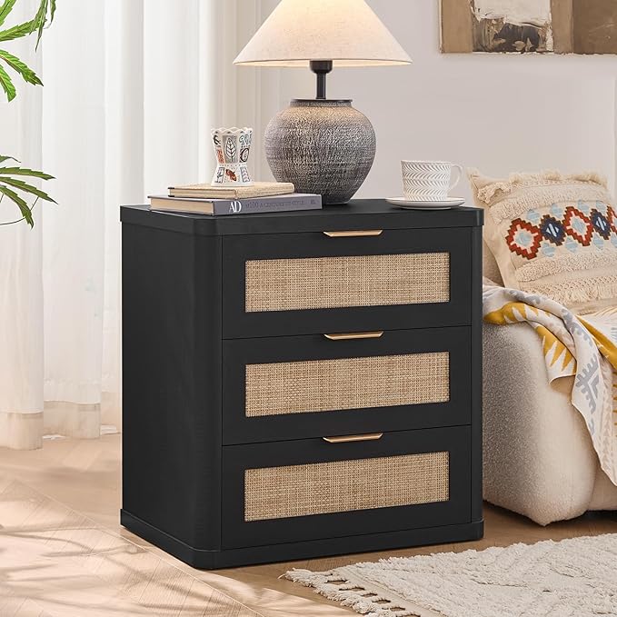 LEYAOYAO Rattan Night Stand Set of 2 with Drawers, 23" Large 3 Drawer Boho Nightstand, Natural Wood Bedside Table Storage Cabinet, Bed Side End Tables Dresser for Bedroom, Living Room, Hallway, Closet