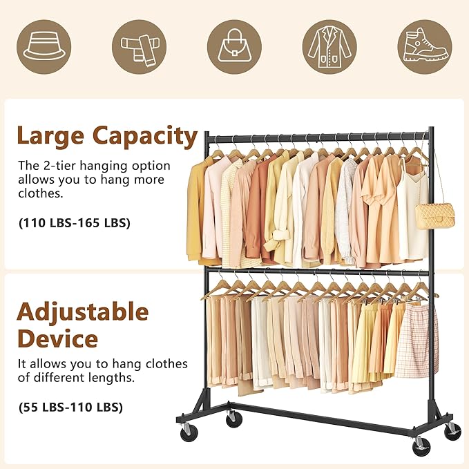 Hoctieon Double Rod Z Rack, Rolling Clothes Racks with Z-Base, Adjustable Clothing Rack, Standing Clothes Rack, Metal Clothing Racks for Hanging Clothes, Portable Garment Rack, Black