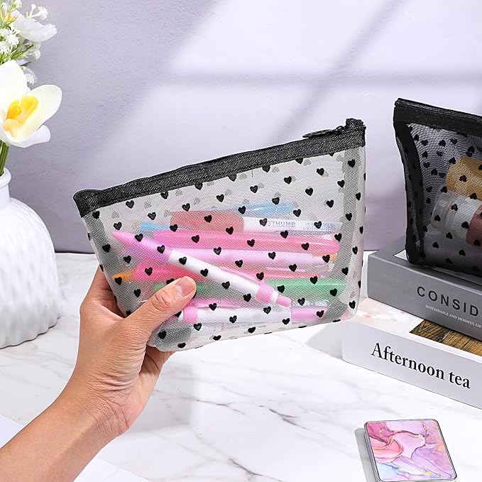 4 PCS Heart Printed Mesh Makeup Bag Set, White & Black Mesh Makeup Bag with Zipper Lipstick Accessories Organizer Mini Travel Organizer Bags for Women(2 Small 2 Medium)