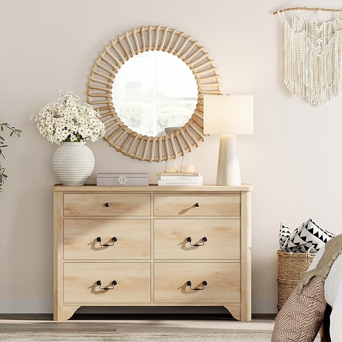 WAMPAT Dresser for Bedroom with 6 Drawers, 47.2" Wide Farmhouse Dressers Chests of Drawers with Curved Profile Design, Wood Closet Organizer for Bedroom, Hallway, Oak
