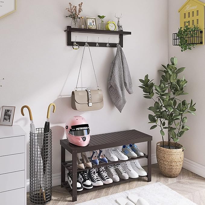 SMIBUY Coat Hooks with Shelf Wall-Mounted, 29.2 Inch Entryway Coat Rack for Wall, Bamboo Hanging Shelf with 5 Double Metal Hooks for Bathroom, Bedroom, Kitchen, Living Room, Mudroom (Dark Brown)