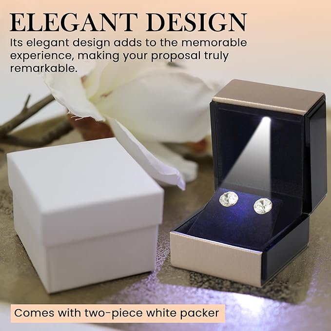 Novel Box Square Shaped Gold Earring Box With LED Light 2.25X2X2.5 Inches - Jewelry Earrings Case Best for Jewelry Displays - Gift Box for Mother's Day, Engagement, Anniversary & more Happy Occasions