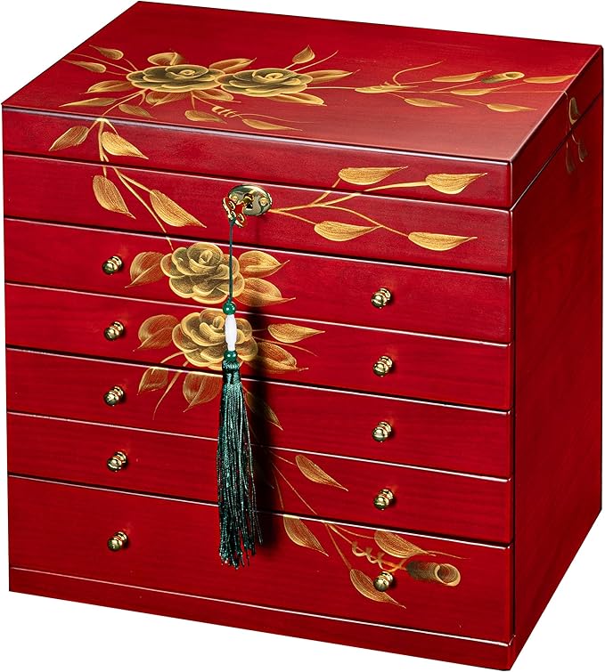 Hand-drawn rose wood jewelry box 6-Layer Jewelry Organizer for women,Large capacity jewelry storage box with lock in red color,store glasses,watches,necklaces,rings,earrings