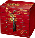 Hand-drawn rose wood jewelry box 6-Layer Jewelry Organizer for women,Large capacity jewelry storage box with lock in red color,store glasses,watches,necklaces,rings,earrings