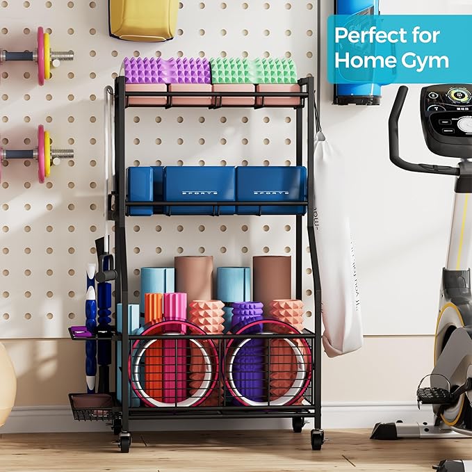 Sports Equipment & Toy Storage Rack with Wheels, 3-Tier Ball Organizer for Balls, Rackets & Sports Gear, Large Capacity with Racket Slots & Hooks, for Garage, Home Gym or Backyard – 23" W