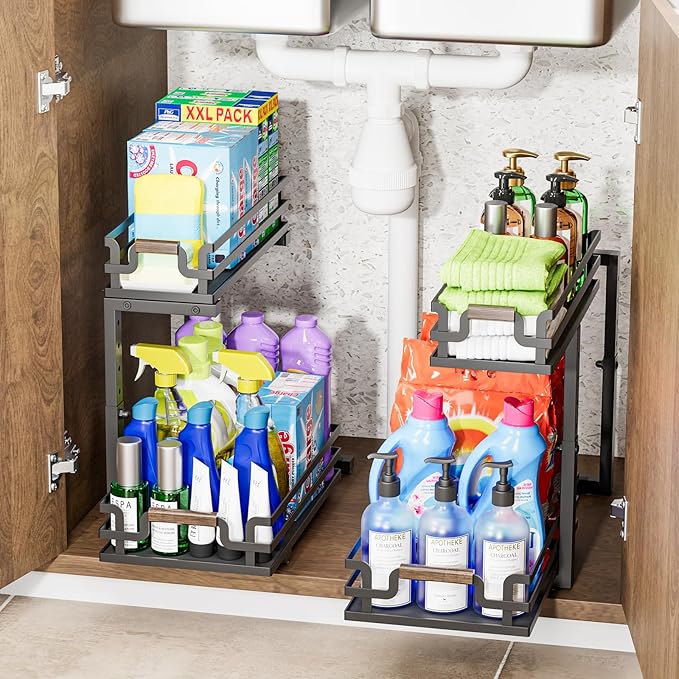 Under Sink Organizer, 2 Tier Slide Out Storage for Bathroom Kitchen (2 Pack)