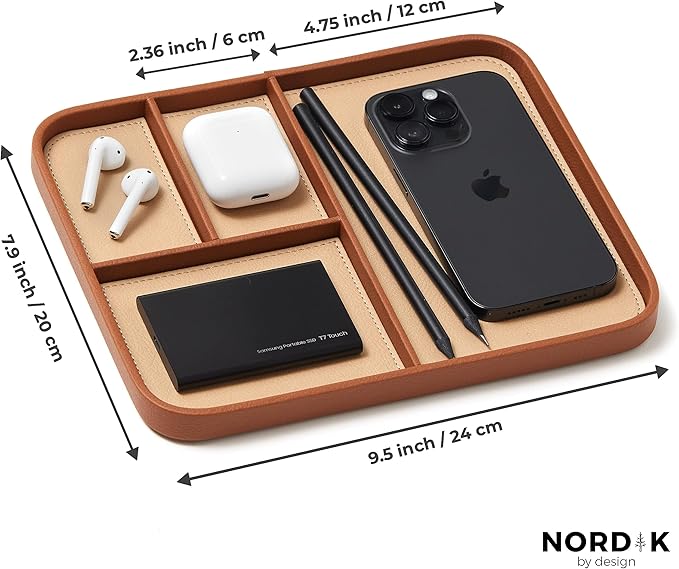 Nordik Leather Valet Tray - Sand Brown - 9.5 x 7.9 Inch Medium Vegan Leather Tray - Stylish Nightstand Organizer for Men - Modern Bedside Caddy - EDC Catchall for Key Watch Wallet Jewellery
