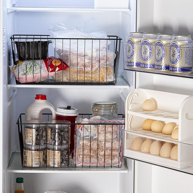 16" L x 12" W Wider Freezer Storage Organizer Baskets Container, Deep Metal Wire Chest Upright Refrigerator Divider Bins with Built-in Handles for Cabinet, Pantry, Closet, Kitchen, Black