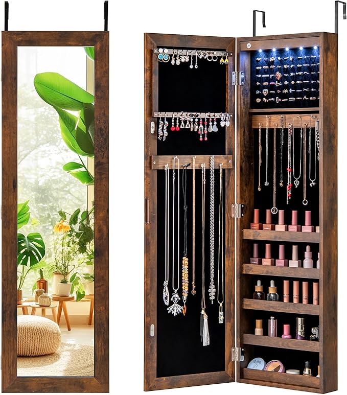 Giantex Wall or Door Mounted Jewelry Cabinet with Full Length Mirror, Over The Door Jewelry Armoire Organizer with Lights, Large Storage with Necklace Hooks, Earring Slots & Shelves (Rustic Brown)