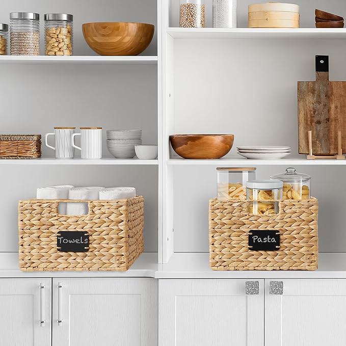Casafield Set of 2 Water Hyacinth Pantry Baskets, 12-1/2" x 17" x 8", with Chalkboard Labels and Chalk Marker - Natural, Woven Storage Bin Organizers for Kitchen Shelves