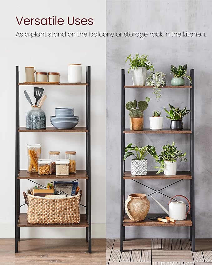 VASAGLE Ladder Shelf, 4-Tier Bookshelf, Storage Rack, Bookcase with Steel Frame, for Living Room, Home Office, Kitchen, Bedroom, Industrial Style, Hazelnut Brown and Ink Black ULLS044B03