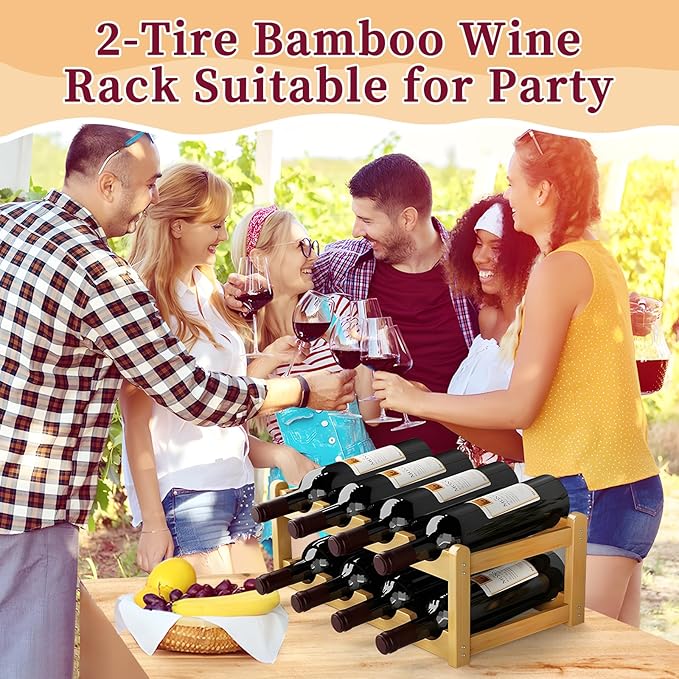 2 Pack Wine Racks, 2-Tire Bamboo Wine Rack, Wine Rack for Inside Cabinet 16 Bottles Wine Storage Holder Liquor Bottle Display Shelf Suitable for Bar,Home,Kitchen,Cellar Basement,Restaurant