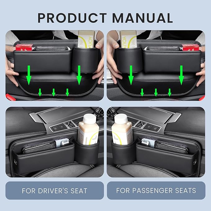 2-Pack PU Leather Car Seat Gap Organizer | 1 Cup Holder per Side | 11.2"x8.3"x2.5" Quick-Install Storage for Phone, Keys, Drinks (Left+Right)（Black）