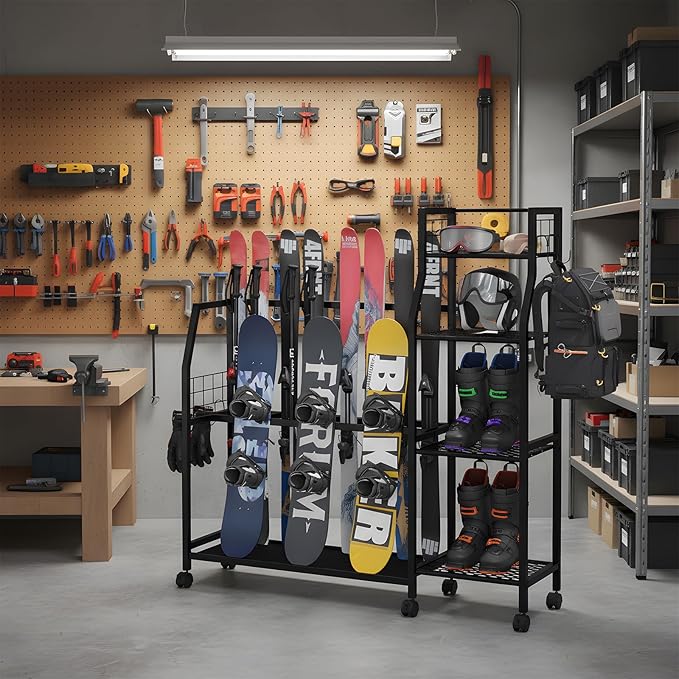 4-Tier Freestanding Snowboard Rack for 4 Pairs of Skis, 3 Snowboards, Boots, Poles, Goggles, Helmets, Ski Storage Rack with Adjustable Shelves, Snowboard Stand for Home, Garage
