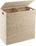 Casafield 2-Section Laundry Hamper with Removable Liner Bags - Whitewash, Woven Water Hyacinth Double Laundry Basket Sorter for Clothes and Towels