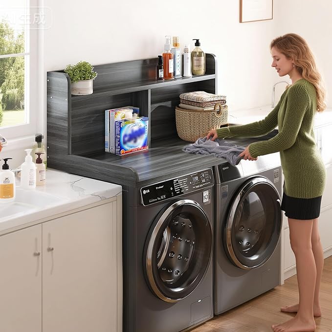 2-Tier Washer Dryer Countertop, 18.5" Raised Height Laundry Countertop with Edge Rails and Non-Slip Pad, 54"W x 27.55"D Washer and Dryer Topper for Laundry Room Storage Organization (Stripe Gray)