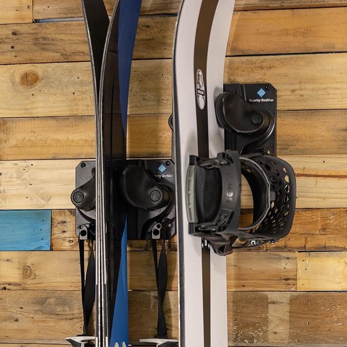 Gravity Grabber Ultimate Ski & Snowboard Wall Storage Rack - Fits any Ski or Snowboard - Save Your Rocker, Tips and Tails - Damage-free - 2x - Black