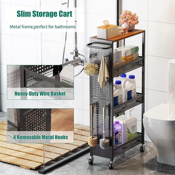 Slim Rolling Storage Cart with Wheels, 4-Tier Metal Utility Cart with Handle & Wood Top, Small Mobile Organizer Shelf Unit for Laundry Room, Kitchen, Bathroom, Office, Narrow Space
