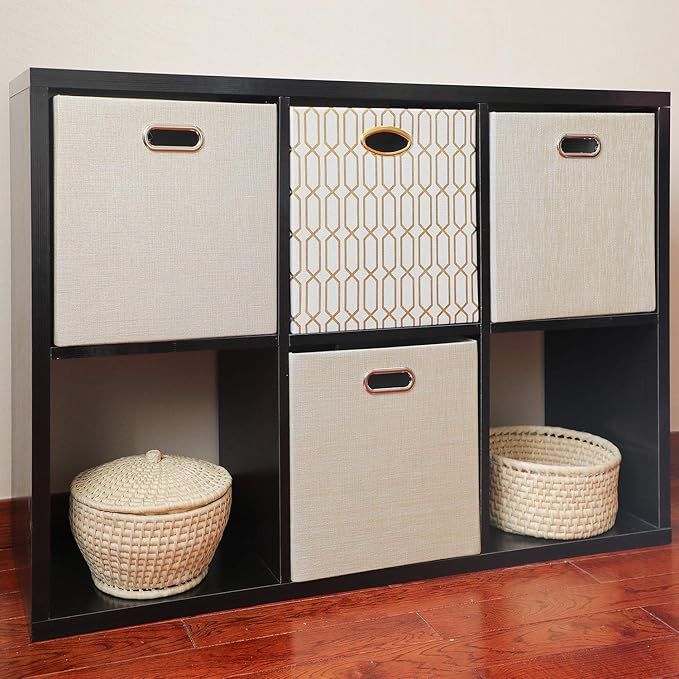 Posprica Foldable Storage Bins,13×13 Storage Cubes Basket Containers for Shelf Cabinet Bookcase Boxes,Thick Fabric Drawers - Set of 2, Beige