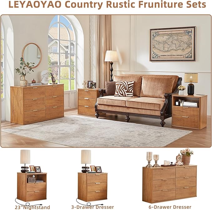 LEYAOYAO Fluted 6 Drawers Dresser, 48" Wide Modern Chest of Drawers with Woodgrain Top, Curved Profile Design, Dresser TV Stand, Wood Drawer Organizer for Bedroom, Living Room, Hallway,Brown