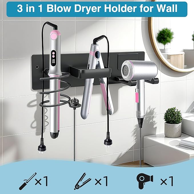 Hair Dryer Holder Blow Dryer Holder for Wall Mount Curling Iron Holder Flat Iron 3 in 1 Bathroom Hair Tool Organizer Rack, Matte Black