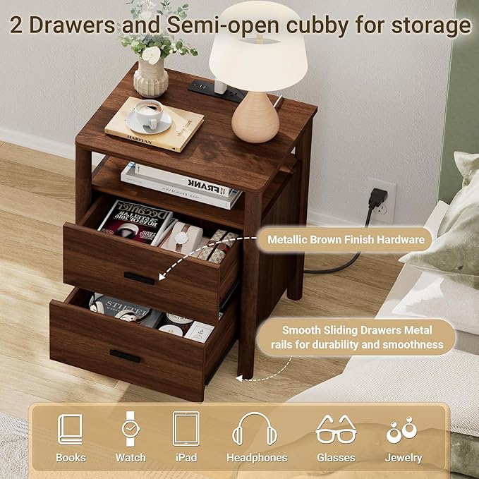 Night Stand with Charging Station, 20" Large Modern Side Table with Solid Round Post Legs, 2 Drawers Nightstand with Open Shelf, End Table/Bedside with Storage for Bedroom, Walnut