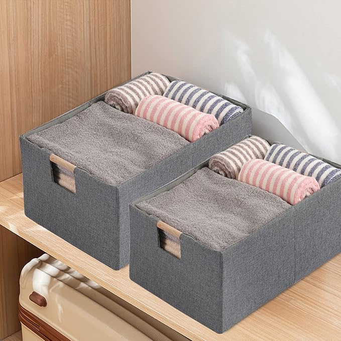 Fabric Storage Bin 3 Pack Foldable Cotton Linen Storage Basket with Wooden Handles Rectangular Cube Box - Gray, Large