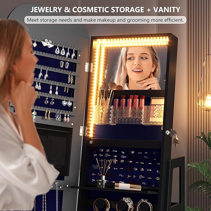 360°Swivel Jewelry Organizer with Full Length Mirror with Lights,Jewelry Armoires Cabinet Standing with Drawer,Large Mirror Storage for Jewelry and Makeup(Black)