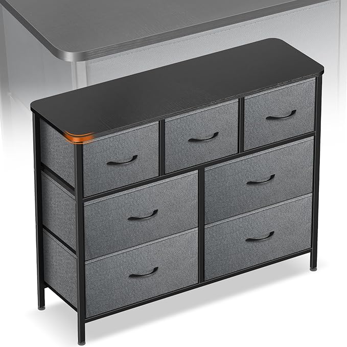Curved Profile Dresser for Bedroom, Chest of Drawers, 7 Storage Drawers Organizer Unit, Brown Dresser with Fabric Bins for Closet, Living Room, Kid Room (Grey and Charcoal Black)
