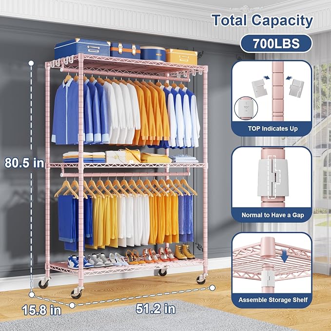 P8 Heavy Duty Clothes Rack（With Extended Width Design） Rolling Clothing Racks for Hanging Clothes，Portable Garment Rack with Lockable Wheels，51.2" W x 15.8" D x 80.5" H，Max Load 700LBS，Pink