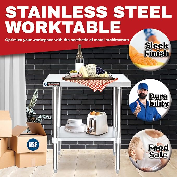 DuraSteel 30x30 Stainless Steel Work Table - NSF Commercial Prep Metal Table - Outdoor Pizza Oven Stand w/Under Shelf - Kitchen Island Laundry Utility Garage Microwave Stand Large Rolling Storage Cart