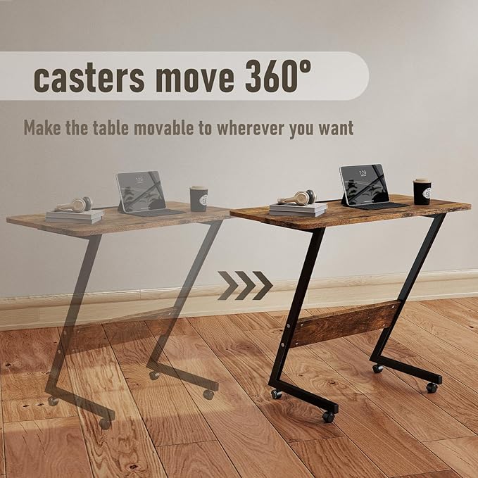 Overbed Bedside Table with Wheels,Small Desk Portable Rolling,Overbed Table Home Use, Portable Computer Stands,Movable Desk (Rustic Brown)