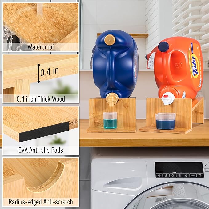 MyLifeUNIT Laundry Detergent Dispenser, 2 Pack Wooden Laundry Detergent Holder Stand with Tray for Laundry Room Organization and Storage
