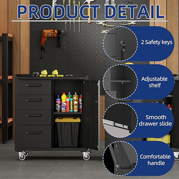 Metal Tool Cabinet,Garage Storage Cabinet System,Wall Cabinet & Locking Rolling Tool Cabinet with Doors and Adjustable Shelves,Steel Tool Cabinets for Home (2 Pcs-StyleF, Black)