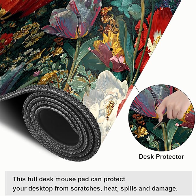 Vintage Oil Painting Floral Mouse Pad – Large Extended Desk Mat 31.5 x 11.8 in– Baroque Style Botanical Design, Waterproof Surface, Non-Slip Rubber Base, Oversized Mouse & Keyboard Pad for Art Lovers