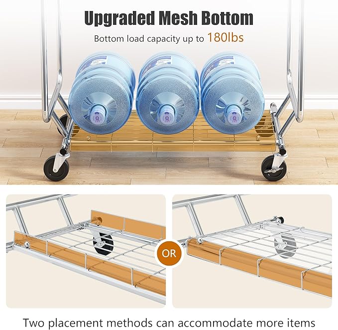 Heavy Duty Clothes Rack Load 620 Lbs, Double Rod Rolling Clothing Rack With Sturdy Wheel And Shelves，Adjustable Portable Hanging Rack For Clothes,Silver Stainless Steel