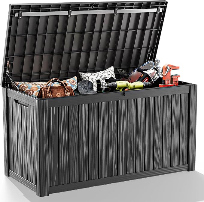 180 Gallon Large Deck Box,Resin Outdoor Storage Box with Lockable for Patio Furniture, Pool Accessories, Garden Tools Waterproof Outside Storage Box, Black
