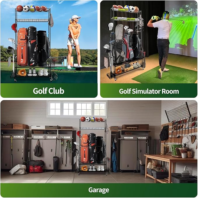 Golf Bag Storage Garage Organizer, 3 Golf Bags Organizer and Golfing Equipment Accessories Storage Rack, Sports Equipment Storage Organizer with Wheels, 4 Hooks, and Extra Club Display Rack
