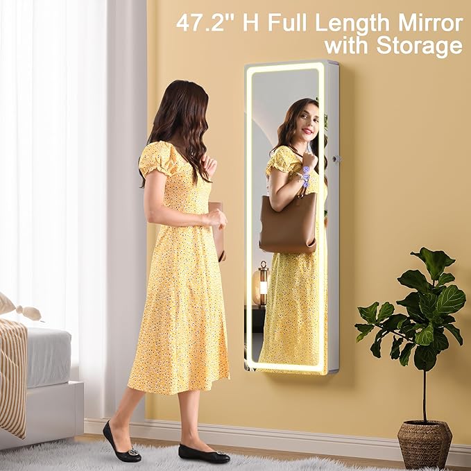 HNEBC LED Mirror Jewelry Cabinet with RGB Lights,47.2" Wall Mounted Jewelry Organizer with Full-Length Mirror,Over The Door Hanging Jewelry Armoire Storage Cabinet,Folding Dresser,2 Drawers,Lockable