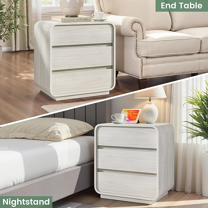 White Nightstand with Charging Station, 25" Tall Wood Bedside Table, Modern Curved End Table with 3 Storage Drawers Night Stand for Bedroom, Dorm, Sofa, Office