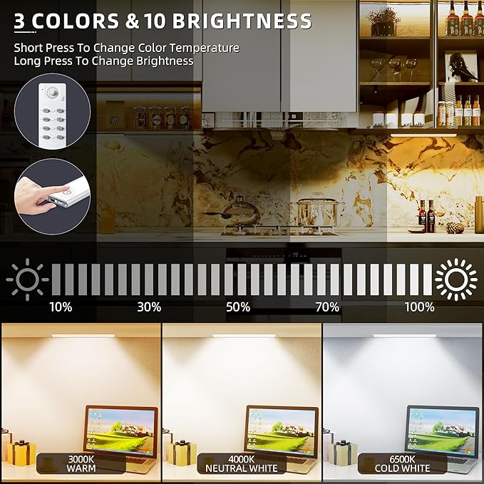 204 LED Under Cabinet Lights Wireless with Full Lighting,Rechargeable Closet Lights with Remote and Motion Sensor Indoor,Under Counter Light with CCT and Dimmable for Kitchen,Stair(3 Pack,23.6inch)