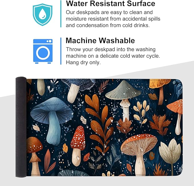 Mushroom Forest Mouse Pad – Large Extended Desk Mat 35.43 x 15.75 in – Autumn Woodland Fungi Illustration, Waterproof Surface, Non-Slip Rubber Base, Keyboard & Mouse Pad for Nature Lovers