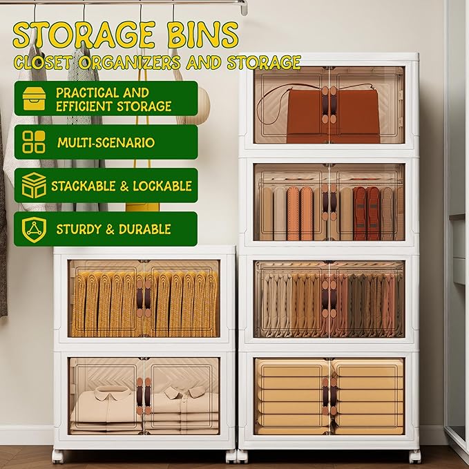 Storage Bins with Lids and Wheels, Collapsible Bathroom Storage Cabinet with Clear Doors, Plastic Stackable Closet Organizers and Storage Containers White 199 QT