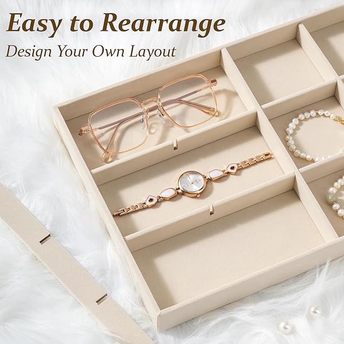 pickpiff Drawer Jewelry Organizer & Display Trays: 2pcs 12grid Velvet Stackable Jewelry Case (13.8x9.4x1.2inch) - Soft Beige Necklace Holder Bracelet Display Watch Box
