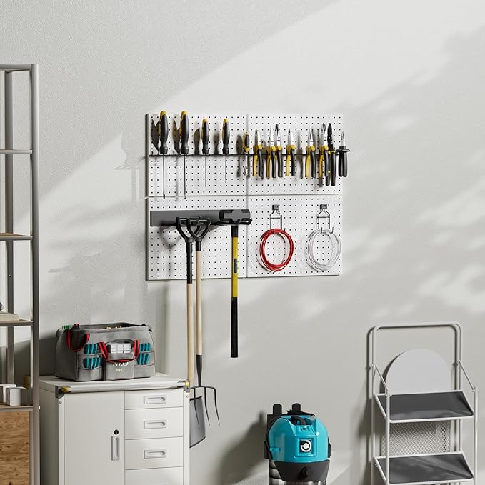 G.CORE Heavy Duty Metal Pegboard Organizer - Wall Storage Steel Peg Board Panels Set 1/4 inch Round Holes 17"x13" 4 Pack Garage Craft Tool Display Hanging Rack Organization Kit with Mounting Hardware