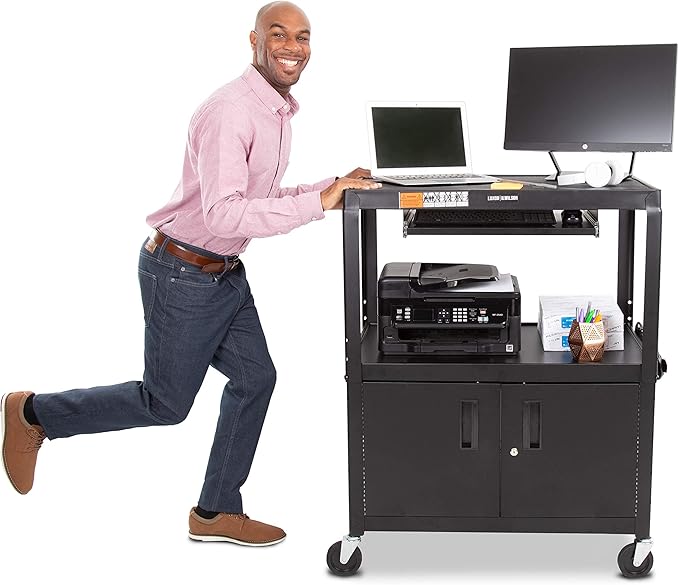 Line Leader Extra Wide AV Cart with Locking Cabinet, Rolling Computer Desk, Height Adjustable Utility Cart with Pullout Keyboard Tray & UL-Listed Power Strip, Great for Projectors (42 x 32 x 20in)