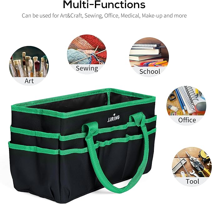 Jjring Craft and Art Organizer Tote Bag - 600D Green Nylon Fabric Art Caddy with Pockets - for Art, Craft, Sewing, Medical, and Office Supplies Storage