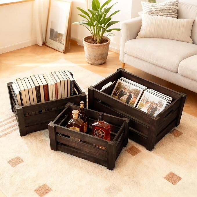 Rustic Wooden Storage Crates Set of 3 with Handles – Farmhouse Decorative Nesting Boxes for Organizing, Shelves & Tabletop Display (L/M/S)